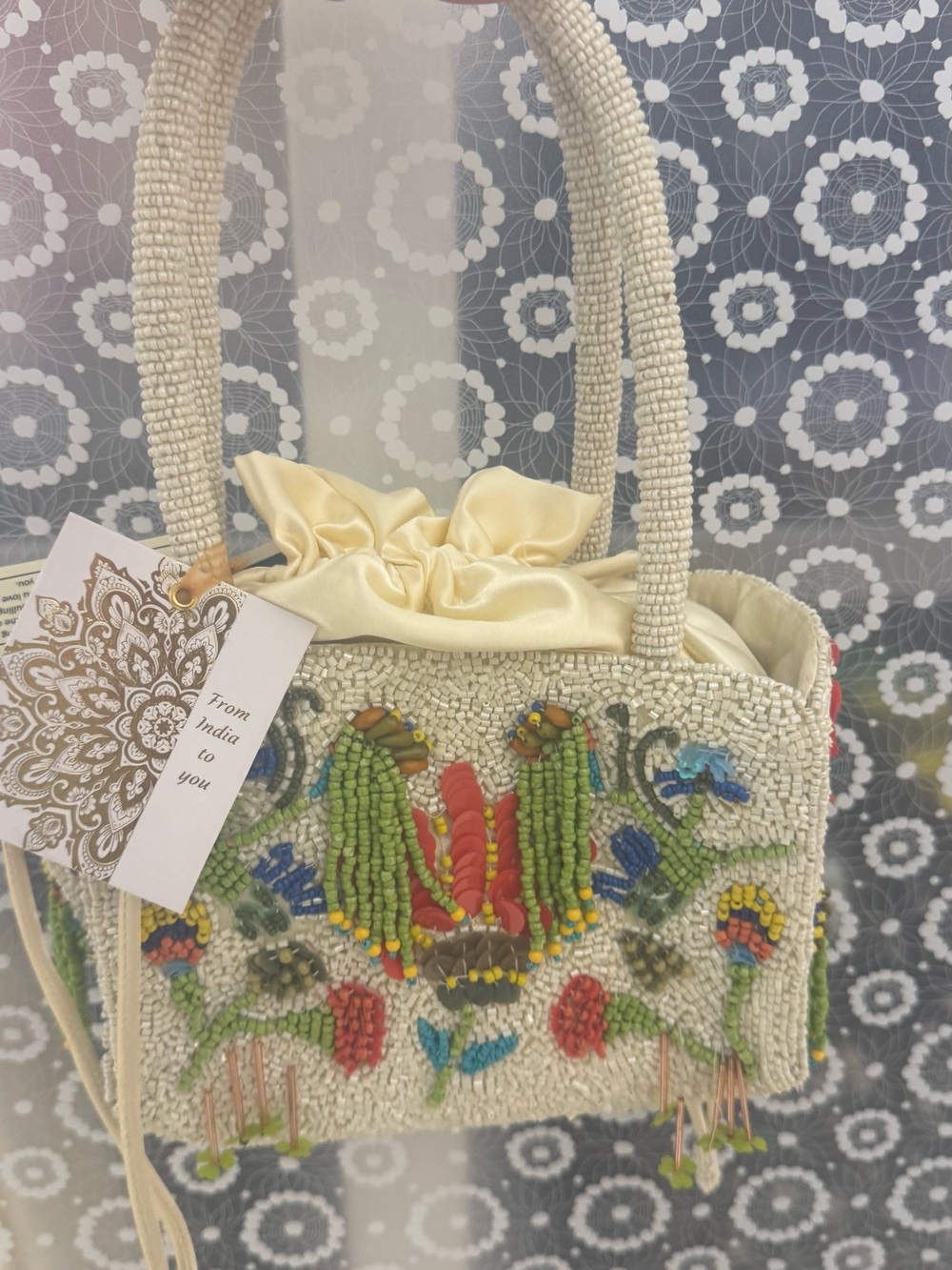 Hand-Beaded Cream Floral Embroidered Tote Bag
